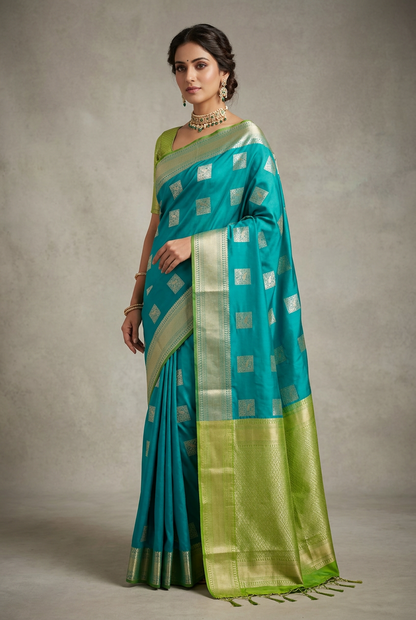 Art Silk Saree Parrot Green with Copper Zari Border