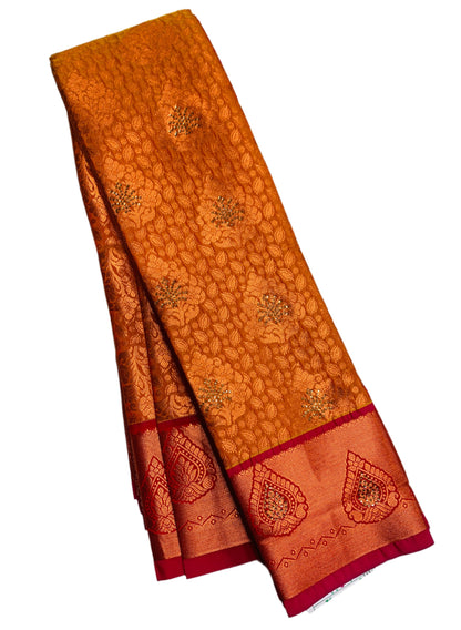 Vegan Silk Saree Mustard Colour with Copper and Pink Border