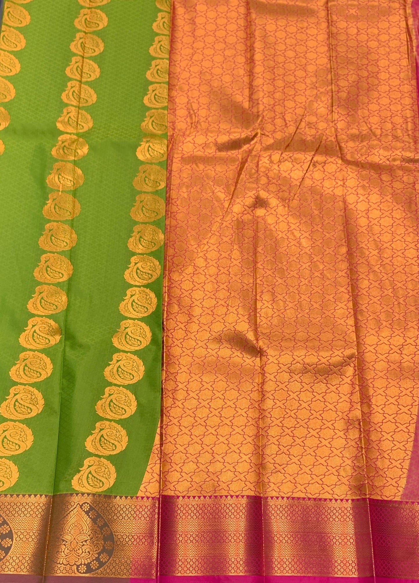 Vegan Silk Saree Olive Green Colour Saree with Copper Border