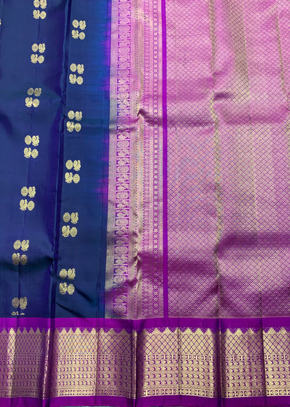 Pure Kanchipuram Silk Saree Navy Blue Colour with Purple Colour Border