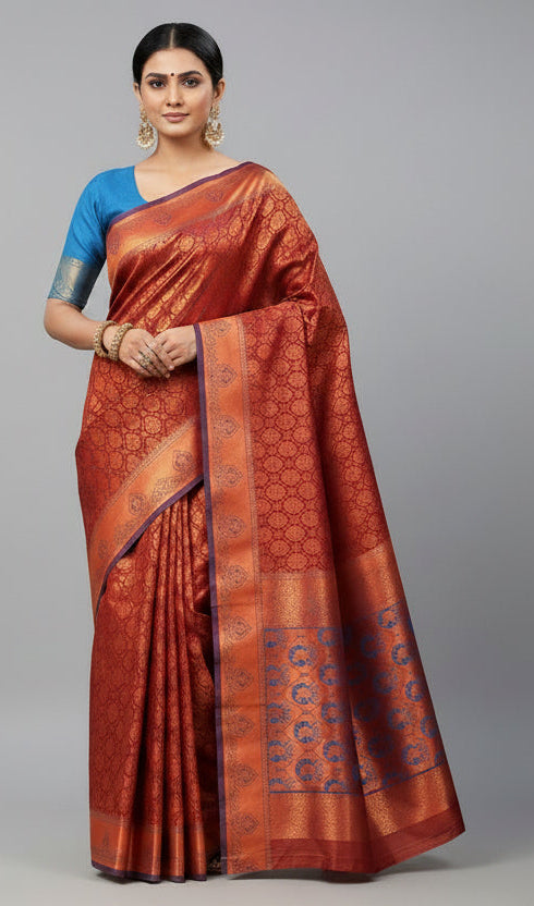 Vegan Silk Saree Dark Maroon Colour with Copper and Blue Border