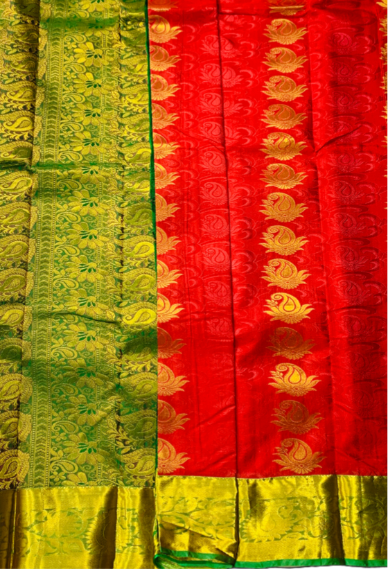 Vegan Silk Saree Red Shade with Green Border