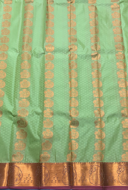 Vegan Silk Saree Light Green Colour Saree with Copper Border