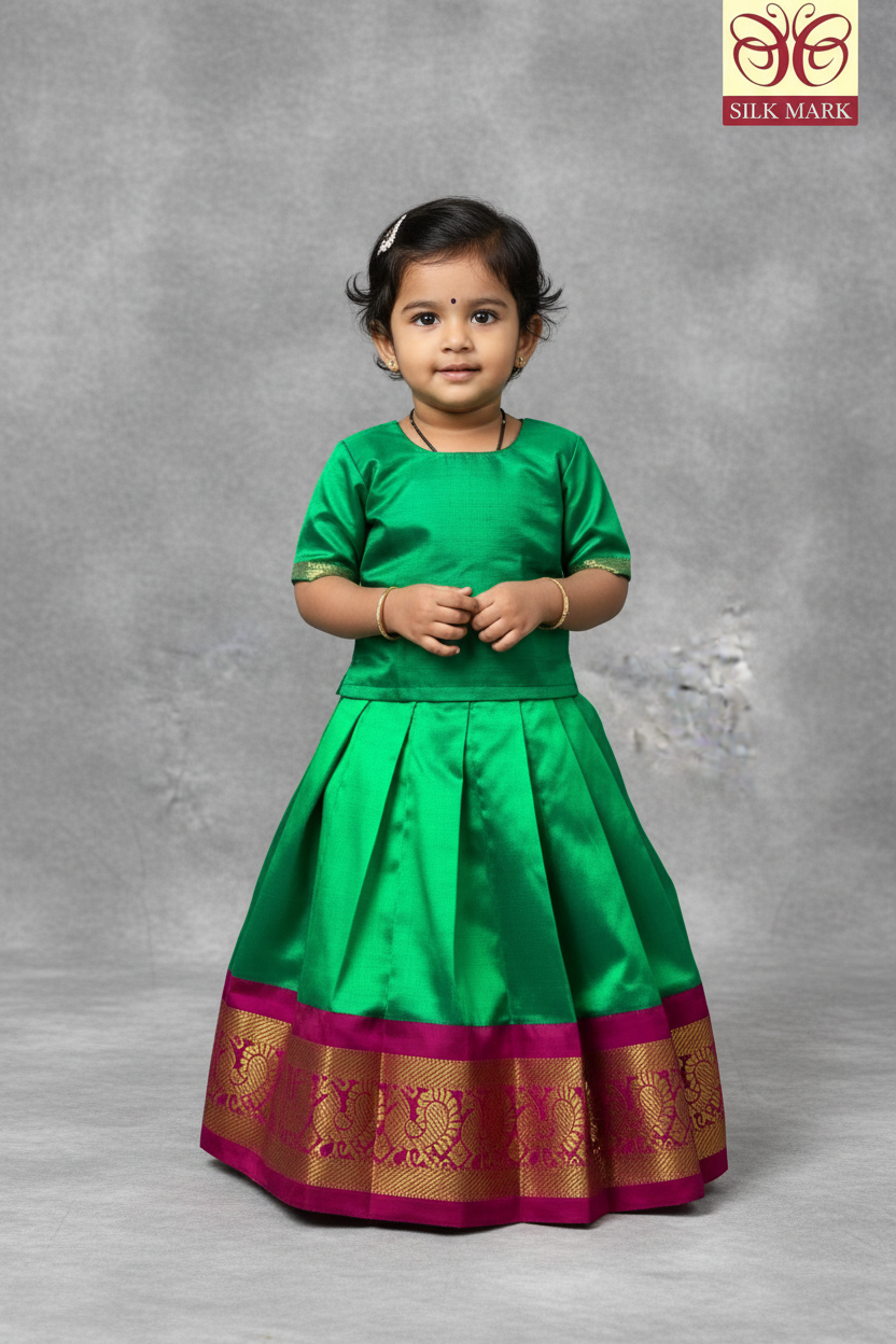 Light Green Shade Pure Kanchipuram Kids Pattu Pavadai with Contrast Border for age 2 to 5