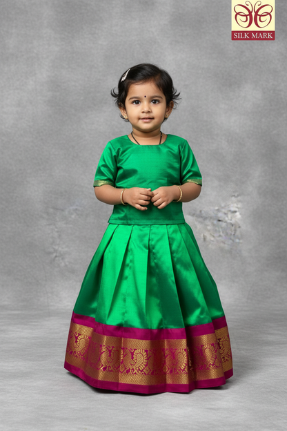 Light Green Shade Pure Kanchipuram Kids Pattu Pavadai with Contrast Border for age 2 to 5