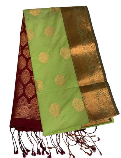 Soft Vegan Silk Saree Pista Green Colour with Copper Border