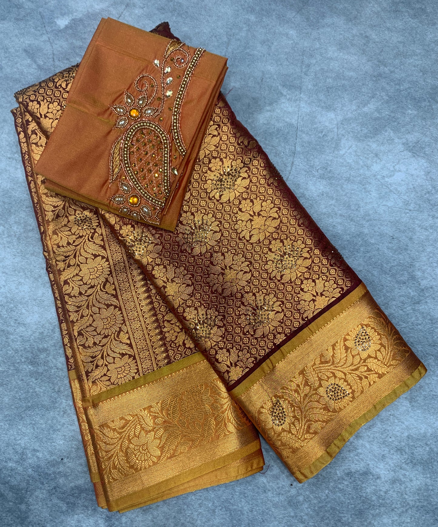 Bridal Vegan Silk Saree Maroon shade with Golden Yellow Border with Unstitched blouse in Aari Work