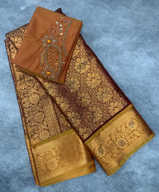 Bridal Vegan Silk Saree Maroon shade with Golden Yellow Border with Unstitched blouse in Aari Work