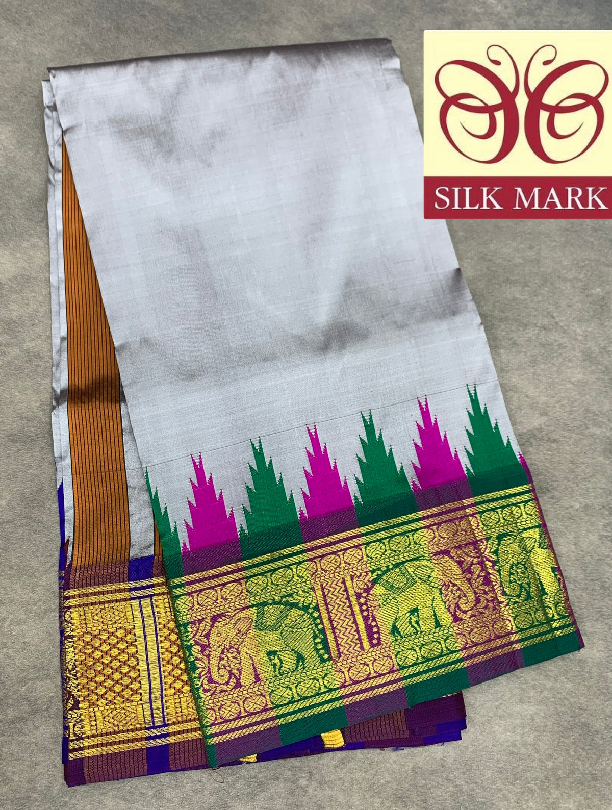 6 Mulam Silk Pooja Towel Grey Colour with Ganga Jamuna Korvai Border