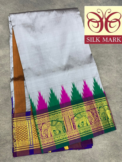 6 Mulam Silk Pooja Towel Grey Colour with Ganga Jamuna Korvai Border