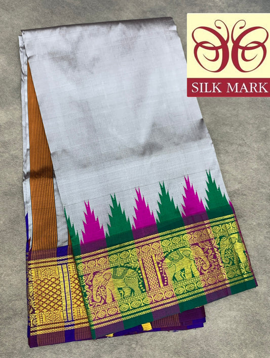 6 Mulam Silk Pooja Towel Grey Colour with Ganga Jamuna Korvai Border