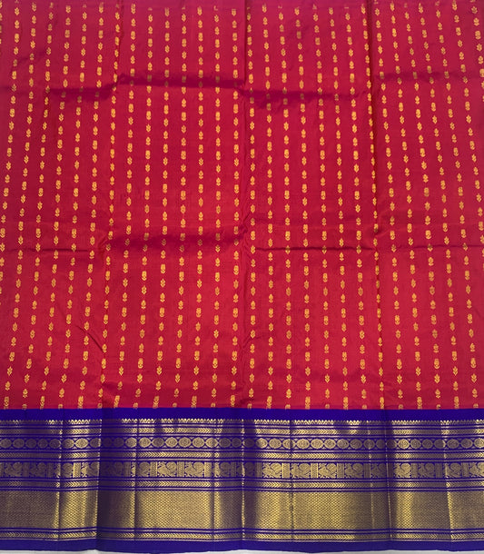 Red shade Pure Kanchipuram Kids Pattu Pavadai with Contrast border for age 2 to 5