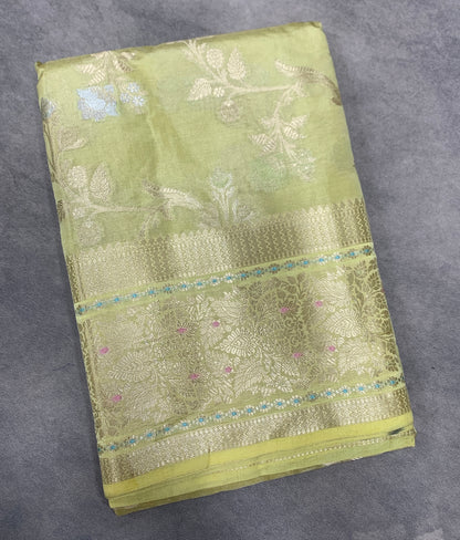 Meenakari Banaras Tissue Silk Saree Pastel Lime Green Colour