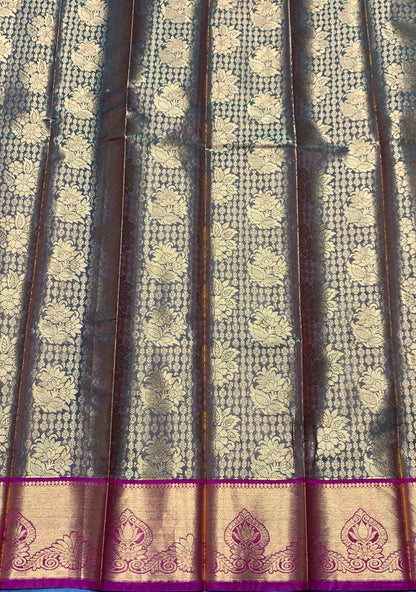 Vegan Silk Saree Olive Green Colour with Pink and Copper Border