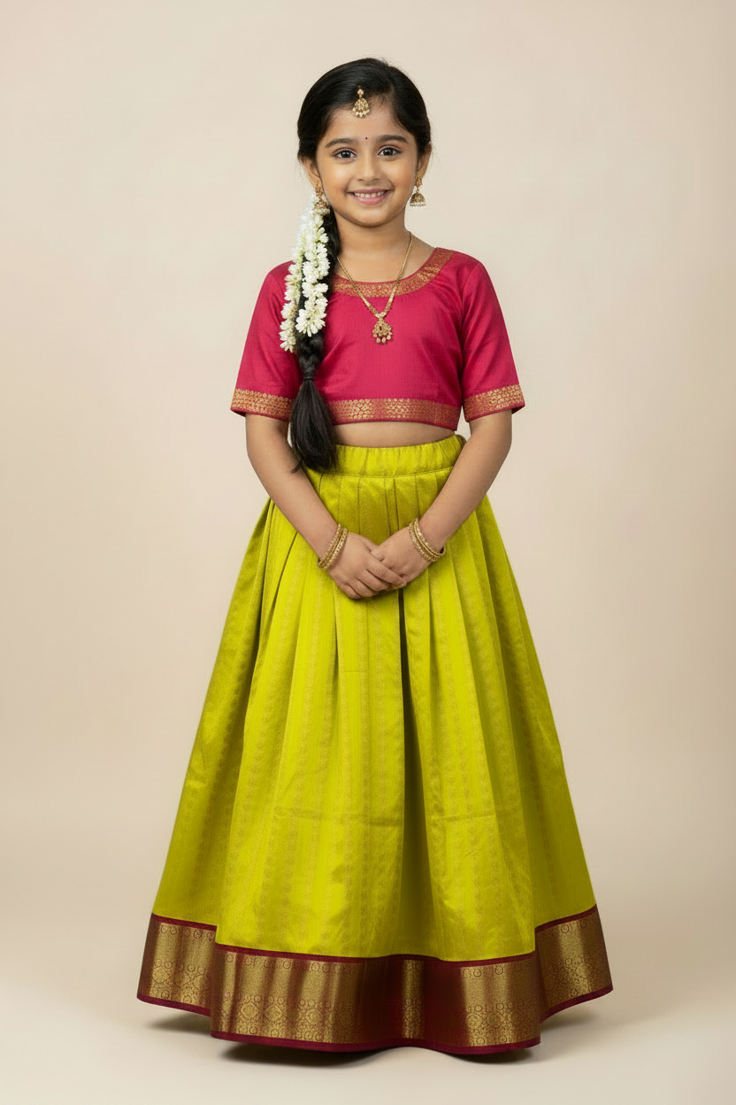 Yellow Shade Pure Kanchipuram Kids Pattu Pavadai with Contrast Border for age 5 to 10