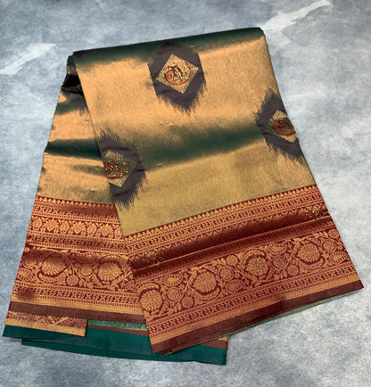 Art Silk Saree Green Colour and Stone Work with Brown Border
