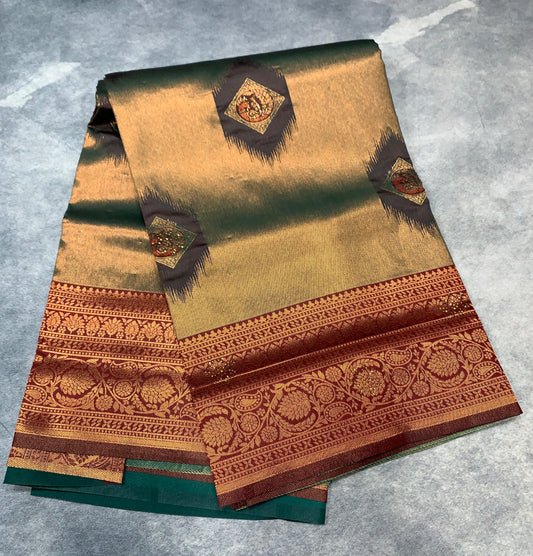 Art Silk Saree Green Colour and Stone Work with Brown Border