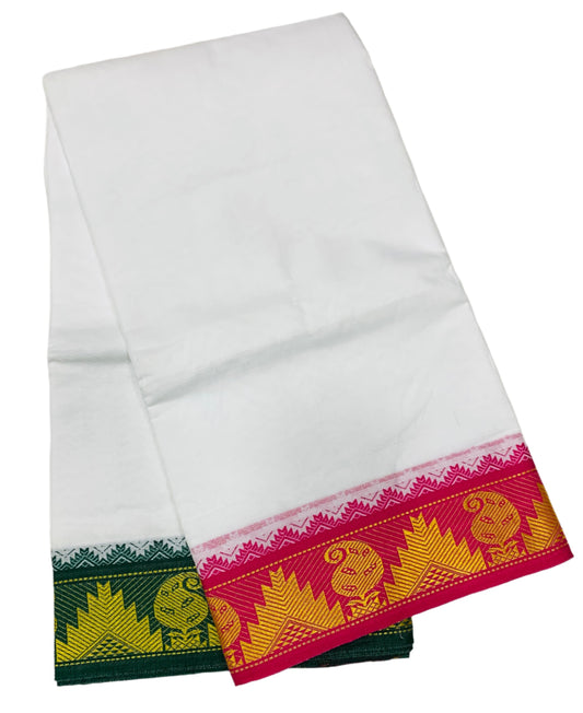 9X5 Cotton Dhoti White Colour with Pink and Green Border