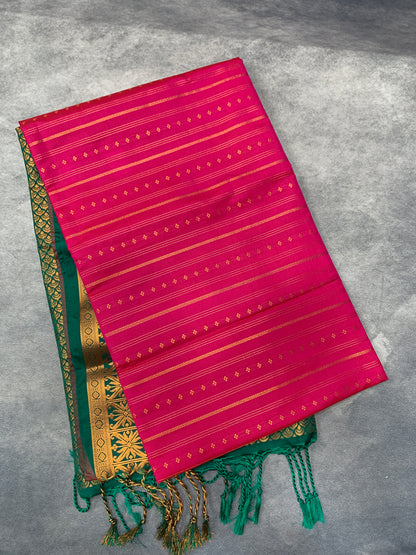 Soft Vegan Silk Saree Pink Colour with Light Green and Copper Border