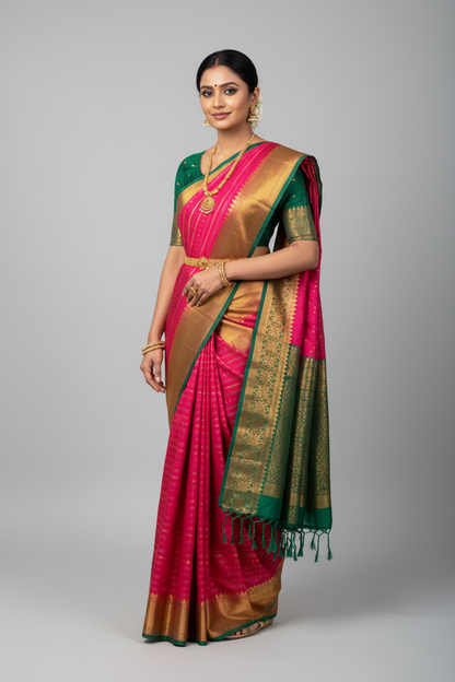 Soft Vegan Silk Saree Pink Colour with Light Green and Copper Border