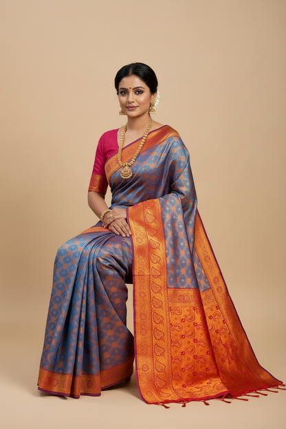 Vegan Silk Saree Blue Colour with Pink and Copper Border