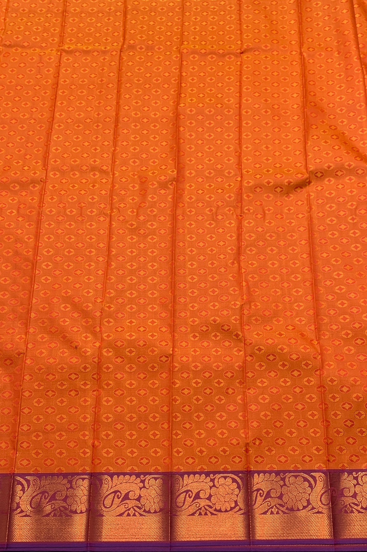 Synthetic Cotton Saree Orange Colour with Copper Floral and Mango Design Border