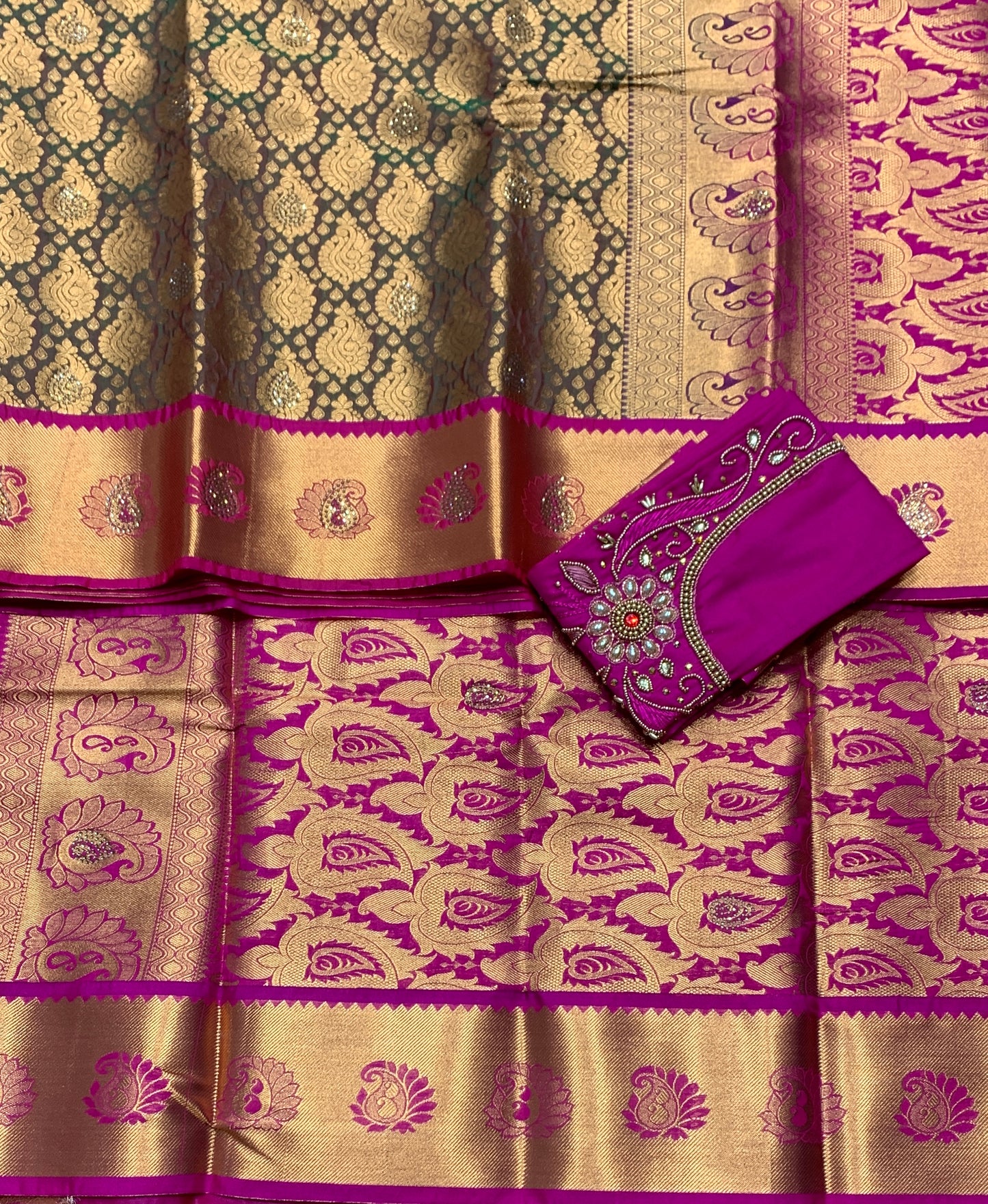 Bridal Vegan Silk Saree Olive Green Colour with Pink Border with Unstitched blouse in Aari Work