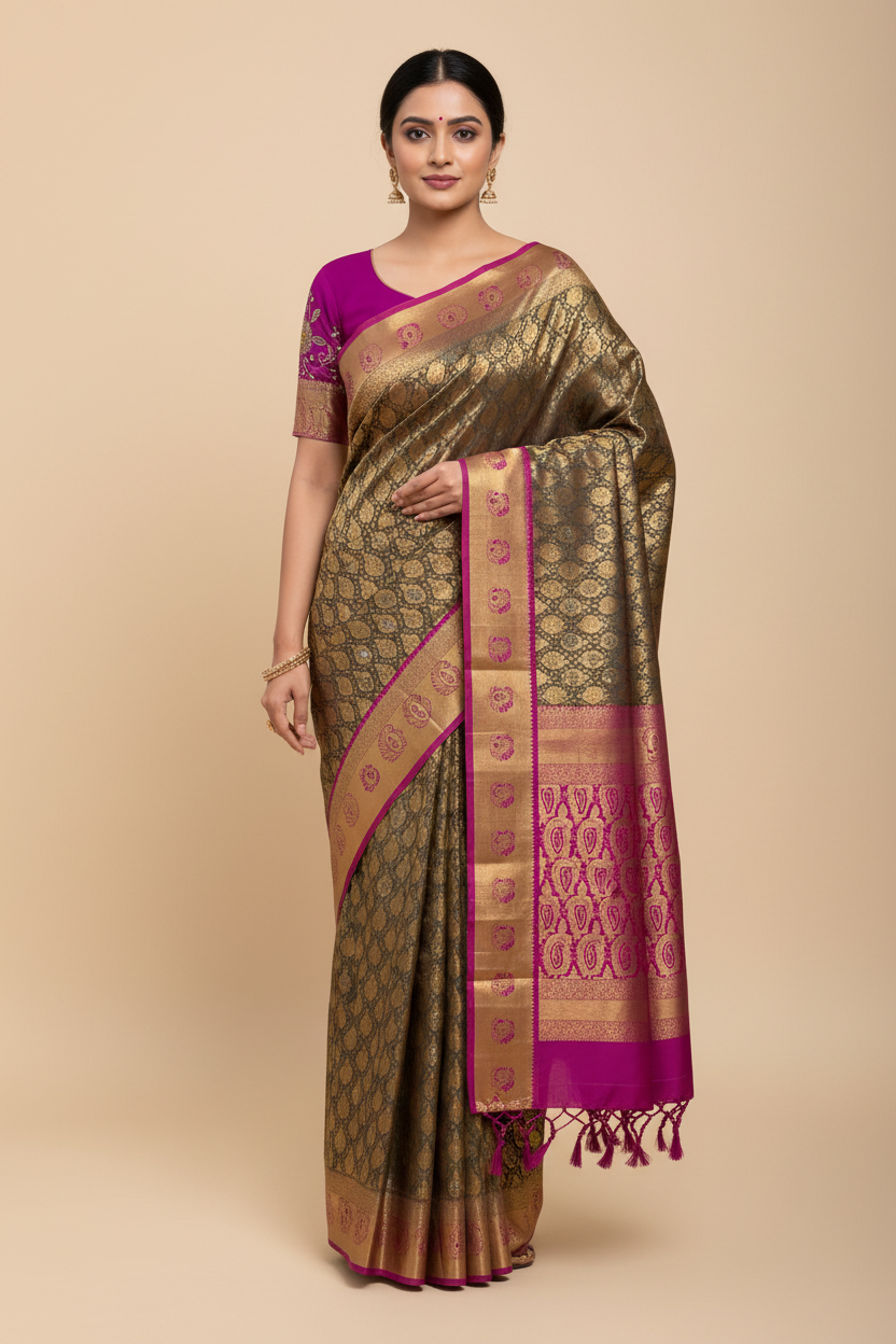 Bridal Vegan Silk Saree Olive Green Colour with Pink Border with Unstitched blouse in Aari Work