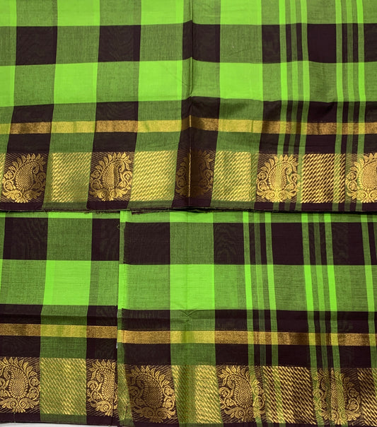 Chettinad Cotton Saree Apple Green and Brown Colour with Checked Design