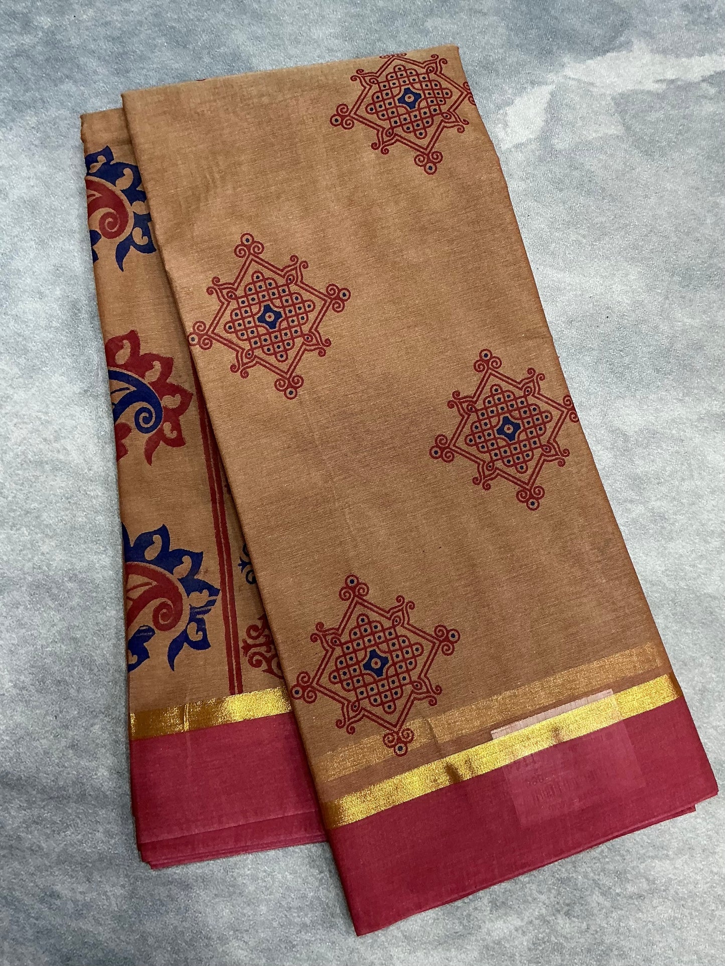 Chettinad Sungudi Cotton Light Honey Brown Colour with Strawberry Red Colour Border