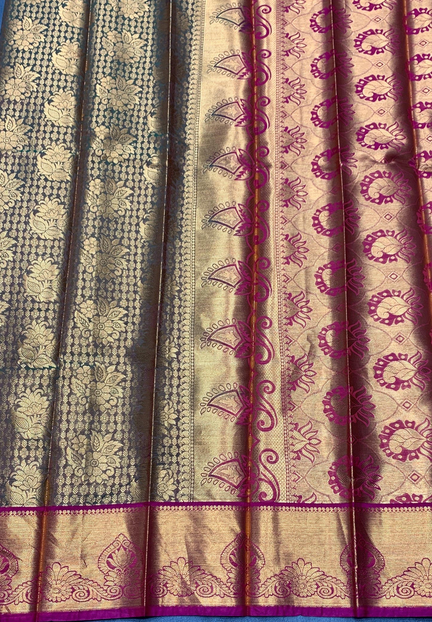 Vegan Silk Saree Olive Green Colour with Pink and Copper Border