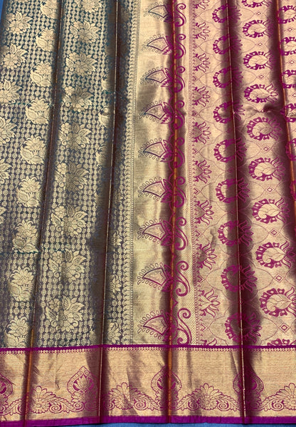 Vegan Silk Saree Olive Green Colour with Pink and Copper Border
