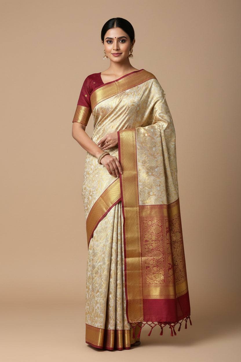 Semi Silk Golden and Sliver Shade with Large Maroon Border