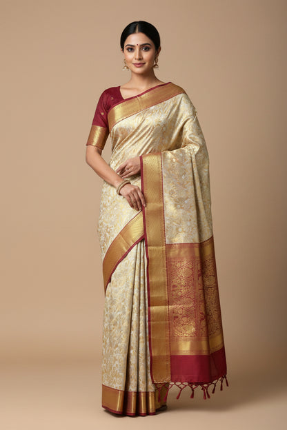 Semi Silk Golden and Sliver Shade with Large Maroon Border