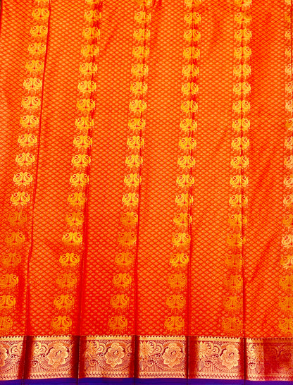 Vegan Silk Saree Brownish Orange shade with Copper with flower design.