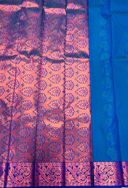 Vegan Silk Saree Green Colour with Copper and Blue Border