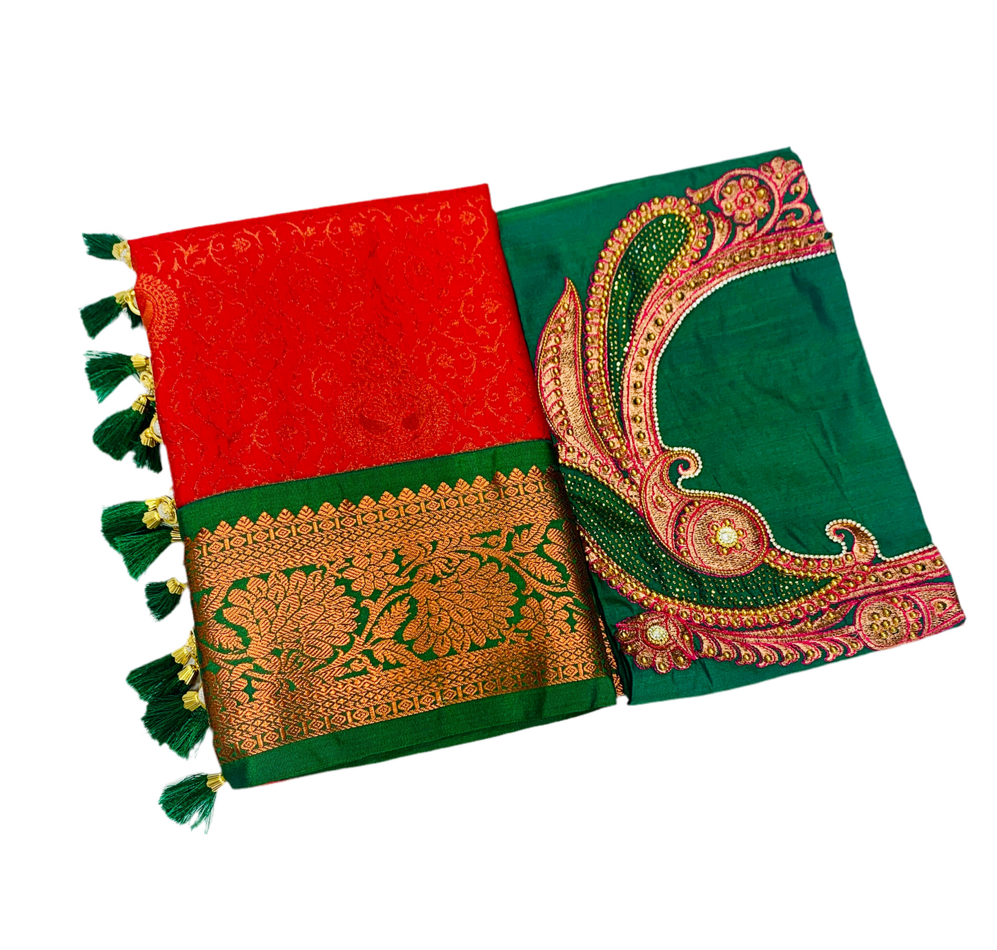 Bridal Vegan Silk Saree Red shade with Green Border with Unstitched blouse in Aari work