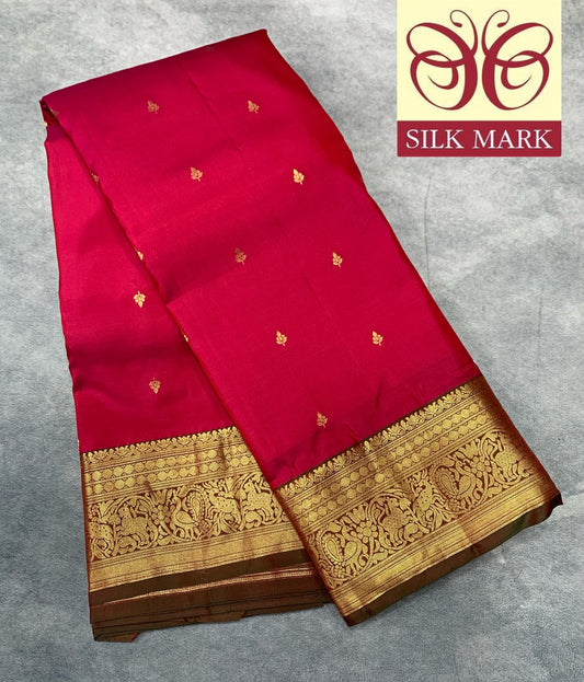Pure Kanchipuram Silk Saree Pink Colour with Contrasting Coffee Brown Border and Gold Detailing