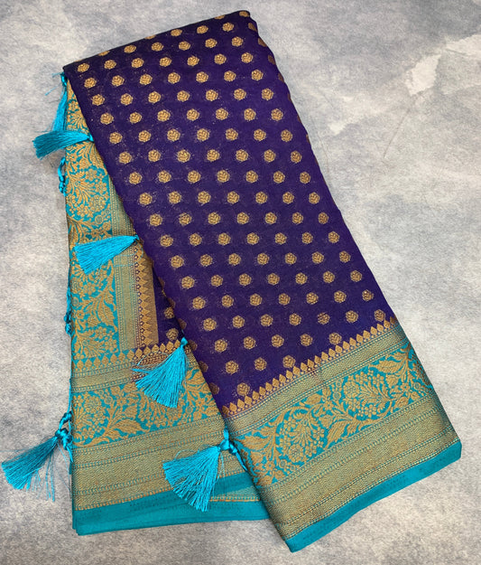 Crepe Saree Navy Blue Colour with Sky Blue Border