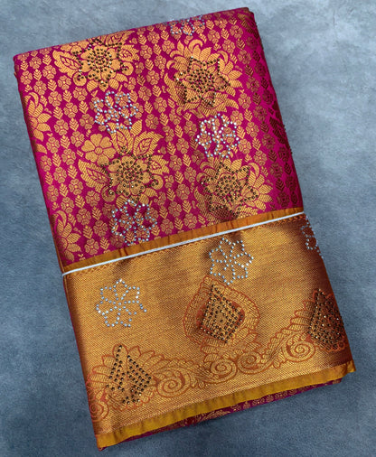 Vegan Silk Saree Pink Colour with Copper and Golden Yellow Border
