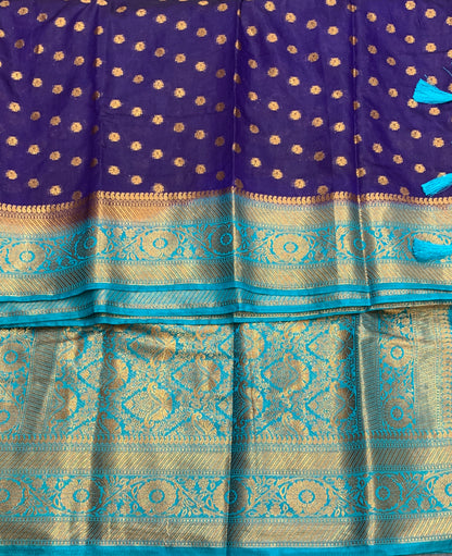Crepe Saree Navy Blue Colour with Sky Blue Border
