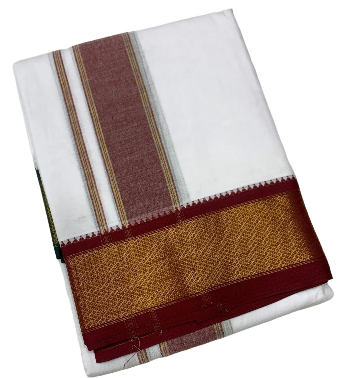 10X6 Cotton Dhoti White Colour with Large Maroon and Green Border