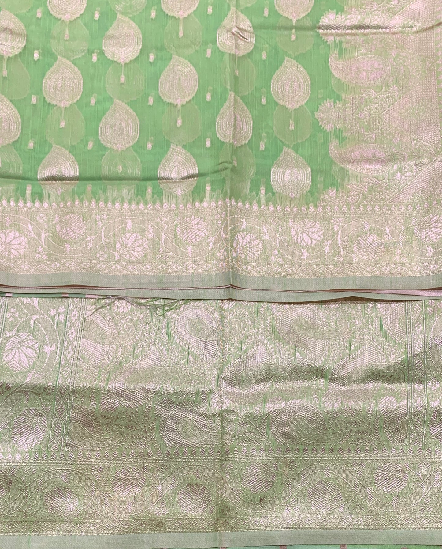 Banaras Katan Saree Apple Green Colour with Katan Work Border