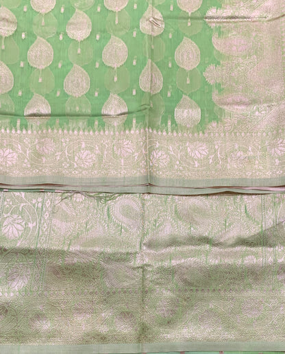 Banaras Katan Saree Apple Green Colour with Katan Work Border