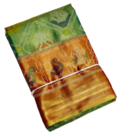 Pochampalli Tissue Silk Saree Golden Green Colour with Golden Orange Border