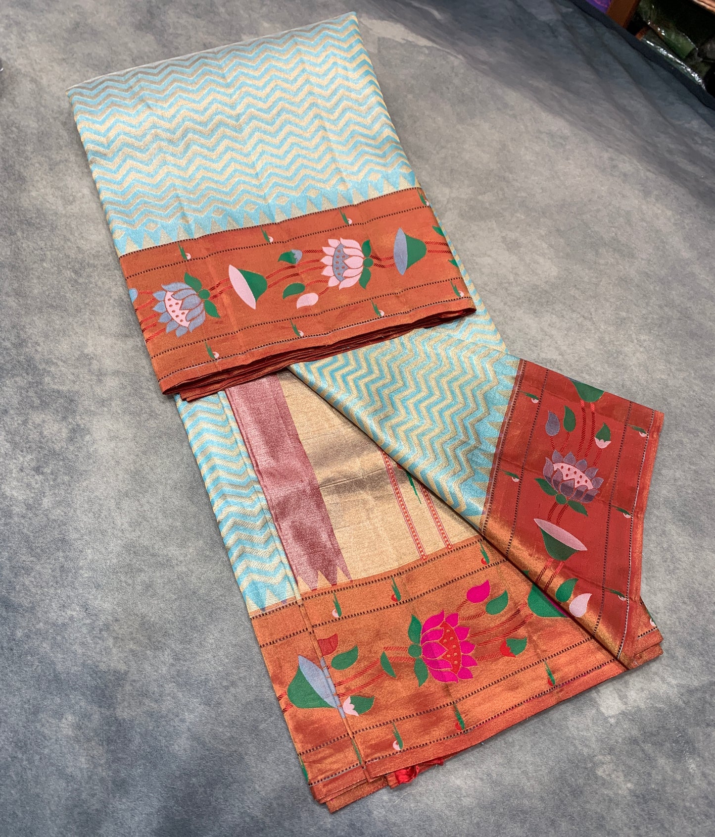 Paithani Pure Silk Saree Sky Blue Colour with Copper Colour and Floral Design  (Pre Order Available)