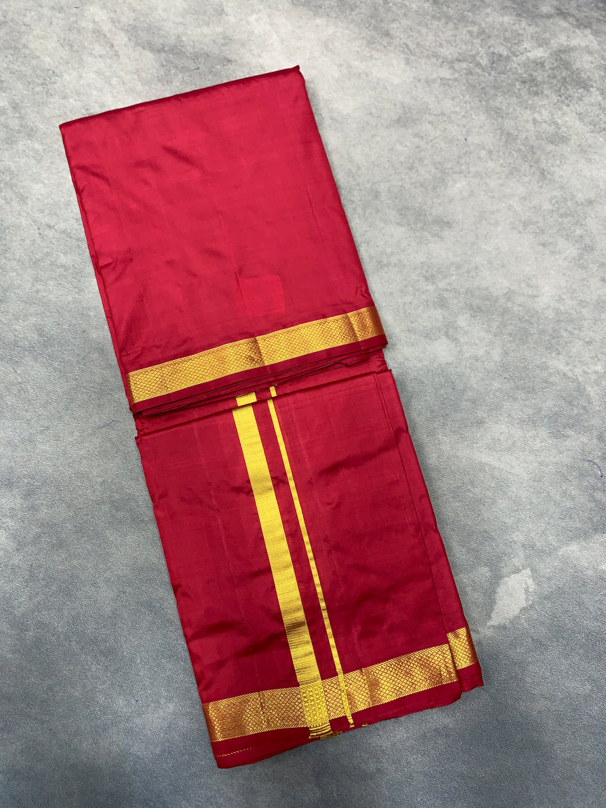 9X5 Pure Silk Dhoti Maroon Colour with Small Golden Zari Border