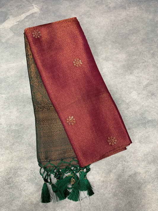 Soft Silk Saree Brown Colour and Stone Work with Green Colour Pallu