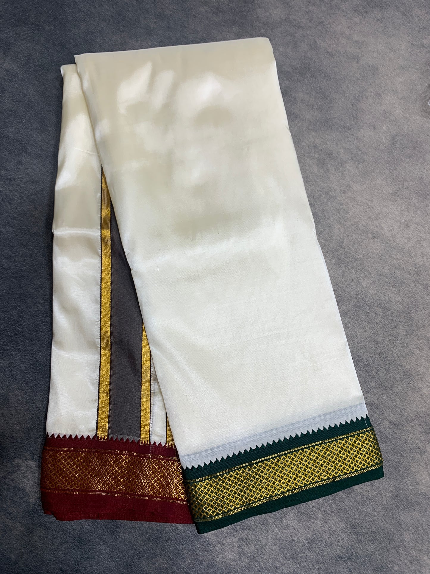 Art Silk Dhoti 8 Mulam Cream with Small Ganga Jamuna (Green/ Maroon )Border