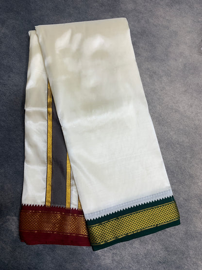 Art Silk Dhoti 8 Mulam Cream with Small Ganga Jamuna (Green/ Maroon )Border